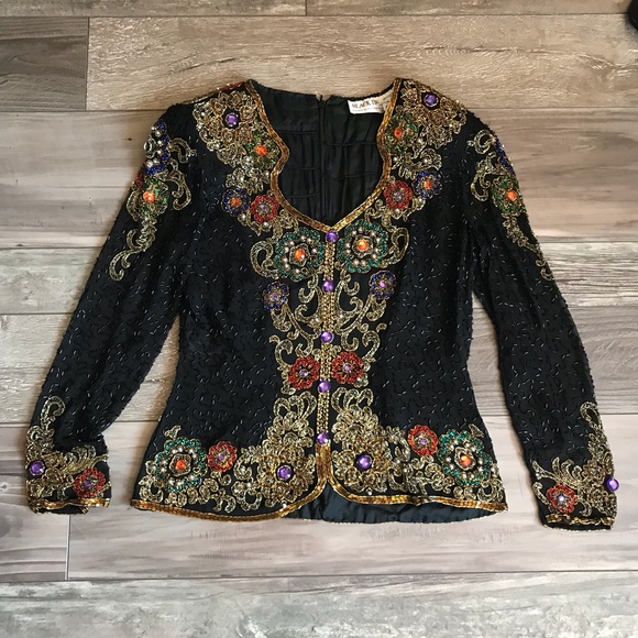 Black Tie Beaded Vintage Formal Top - Picture 7 of 8